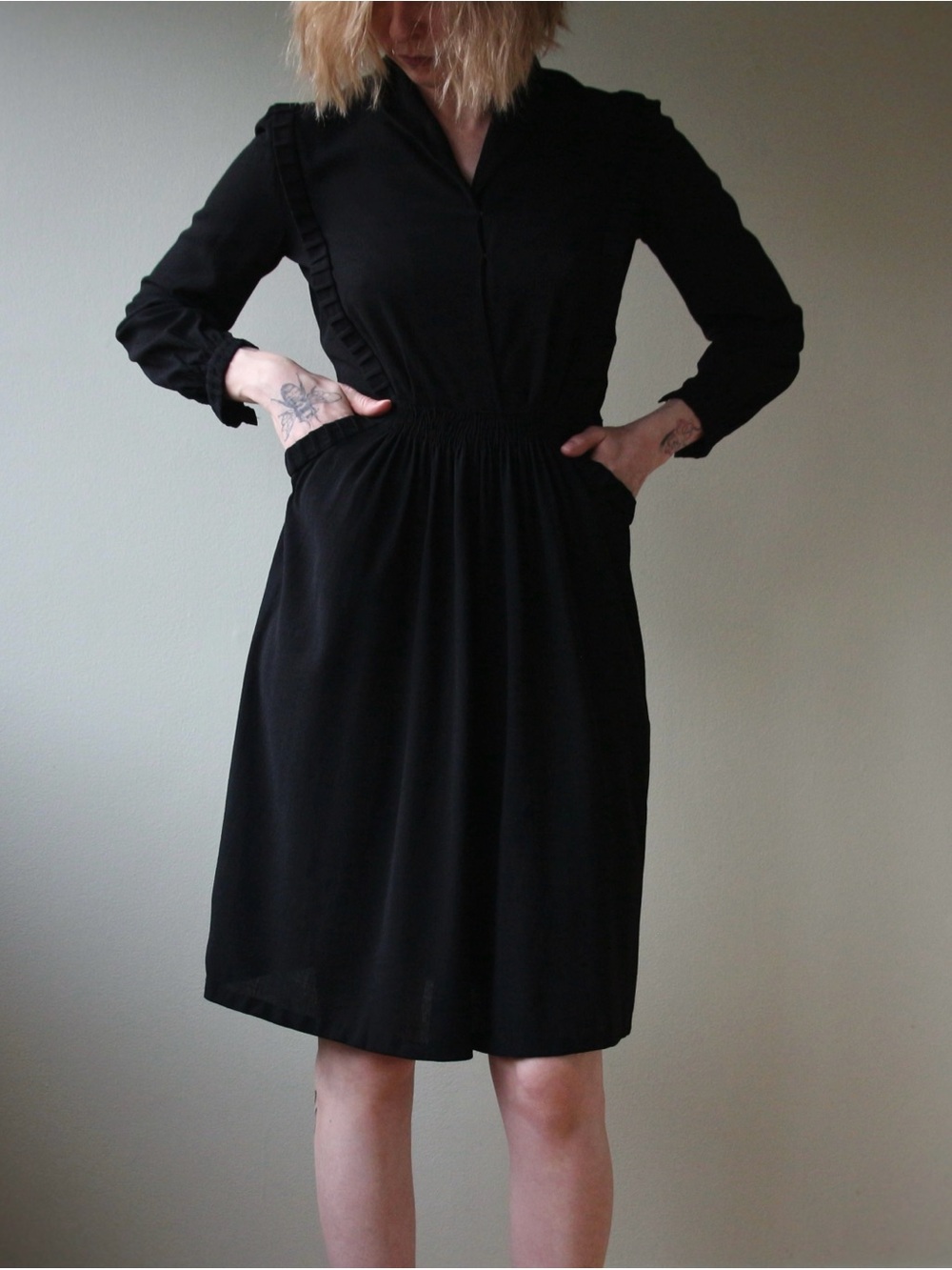 1930's Wool Crepe Little Black Day Dress